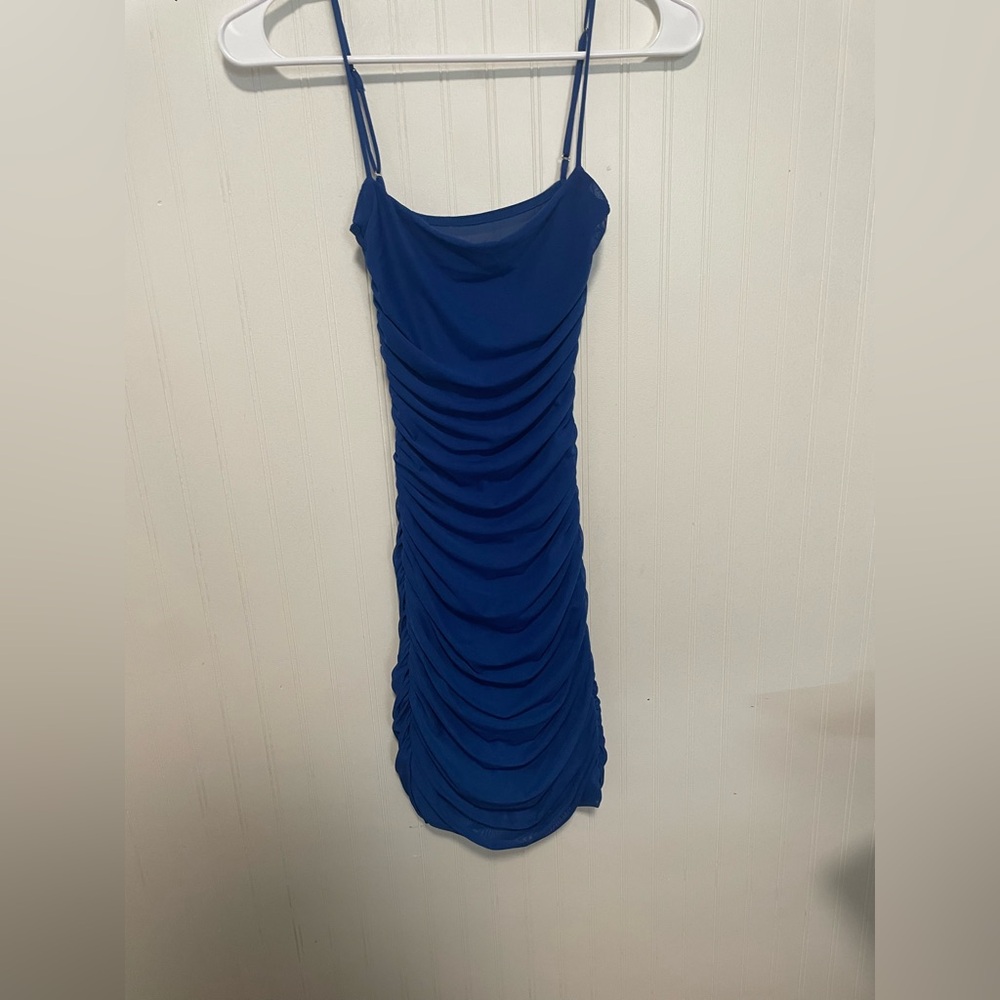 lucy in the sky blue mini bodycon dress with ruched detail